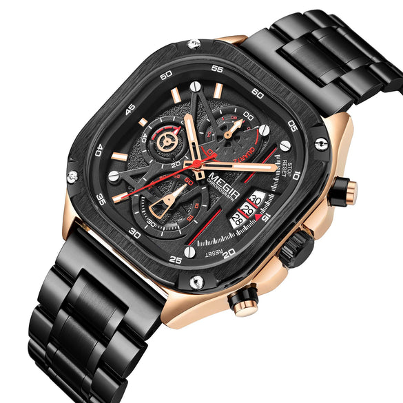 Men's Alloy Square Watch With Mineral Strengthened Glass Mirror Stainless Steel Strap And Clasp Trendy Fashion Chronograph Luminous Calendar