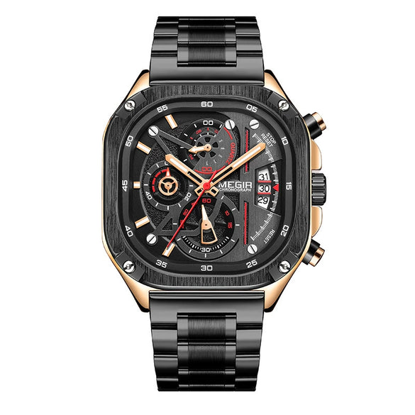 Men's Alloy Square Watch With Mineral Strengthened Glass Mirror Stainless Steel Strap And Clasp Trendy Fashion Chronograph Luminous Calendar