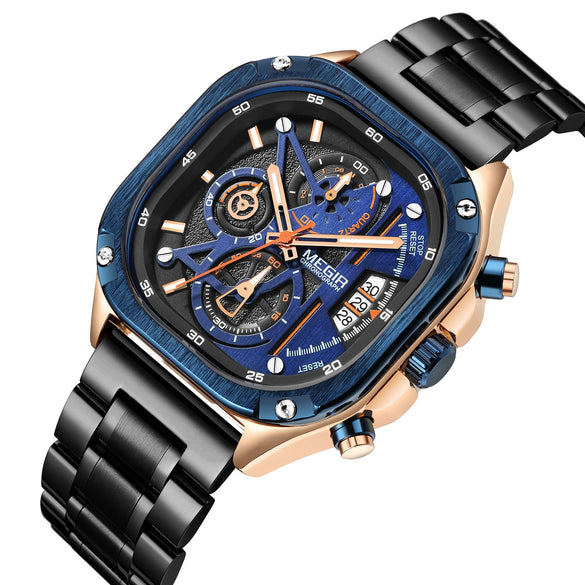 Men's Alloy Square Watch With Mineral Strengthened Glass Mirror Stainless Steel Strap And Clasp Trendy Fashion Chronograph Luminous Calendar