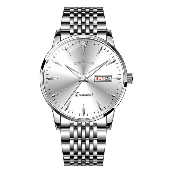 Men's Alloy Steel Business Style Round Dial Quartz Waterproof Luminous Double Calendar Watch