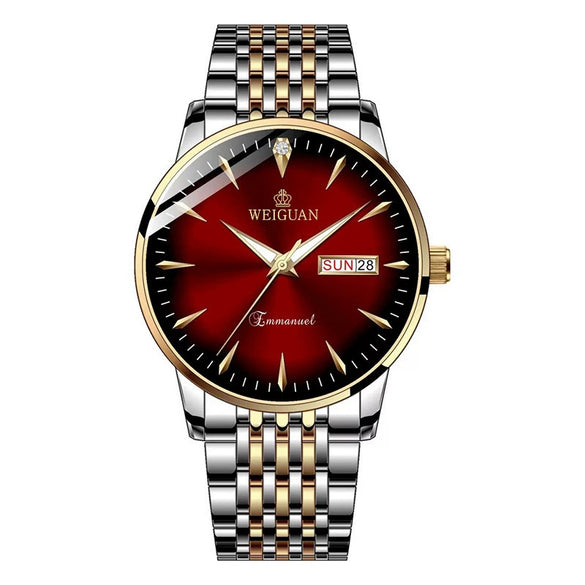 Men's Alloy Steel Business Style Round Dial Quartz Waterproof Luminous Double Calendar Watch