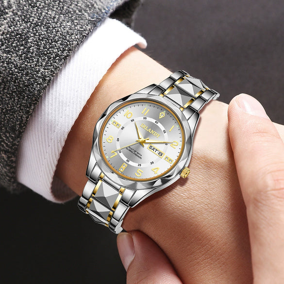 Men's Alloy Strap Quartz Watch With Rhombus Shape Digital Dial Rhinestone Calendar And Rose Gold Pin Buckle