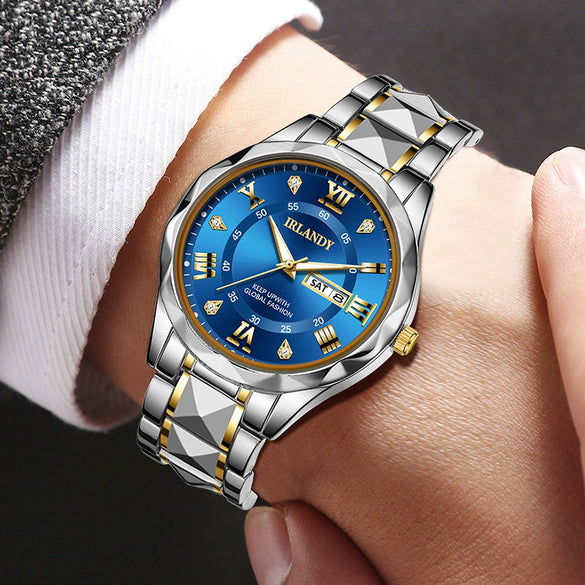 Men's Alloy Strap Quartz Watch With Rhombus Shape Digital Dial Rhinestone Calendar And Rose Gold Pin Buckle