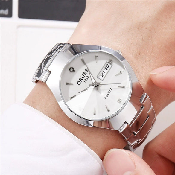 Men's Alloy Watch Fashion Business Style Round Dial Waterproof Spiral Crown Single Folding Buckle