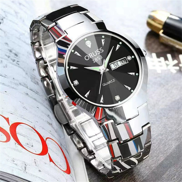 Men's Alloy Watch Fashion Business Style Round Dial Waterproof Spiral Crown Single Folding Buckle