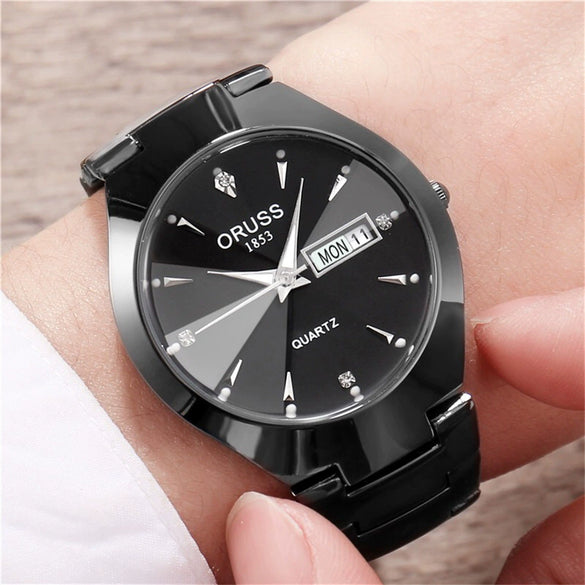 Men's Alloy Watch Fashion Business Style Round Dial Waterproof Spiral Crown Single Folding Buckle