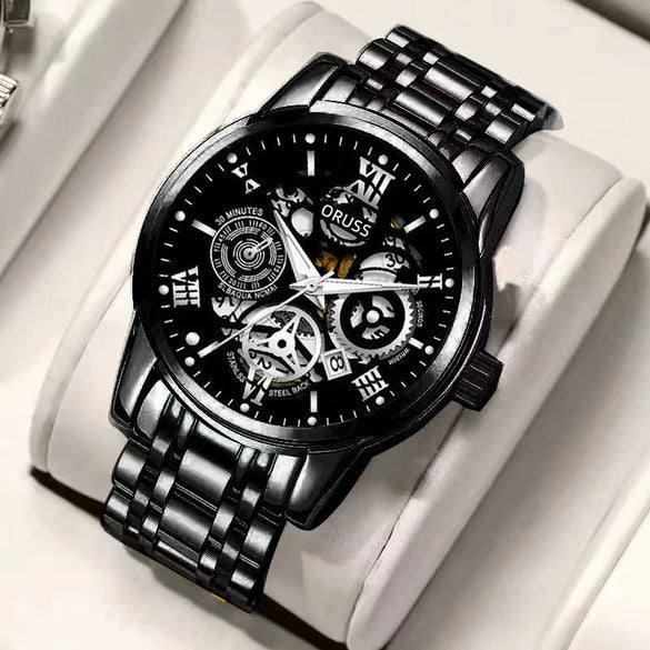 Men's Alloy Watch With Waterproof Luminous Hollow Design And Round Dial