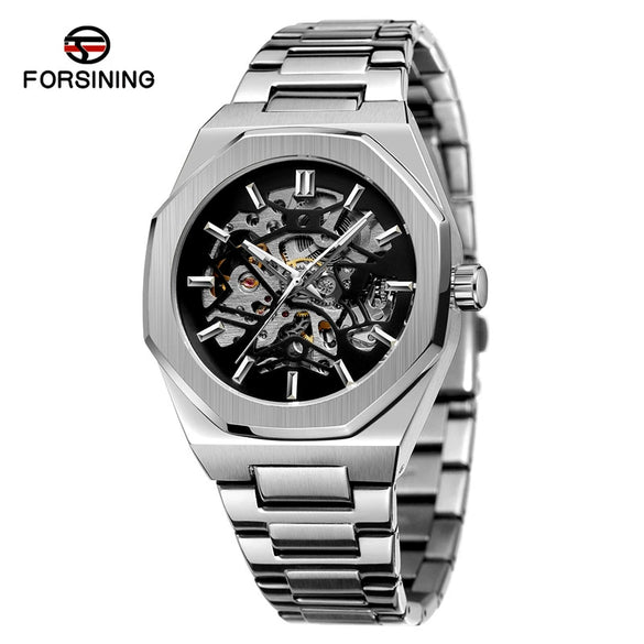 Men's Automatic Flywheel Mechanical Watch Metal Case Stainless Steel Strap And Buckle Round Dial Hollow Literal Polygon Design Leisure Style