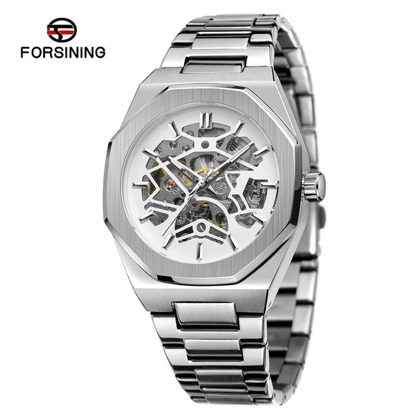 Men's Automatic Flywheel Mechanical Watch Metal Case Stainless Steel Strap And Buckle Round Dial Hollow Literal Polygon Design Leisure Style