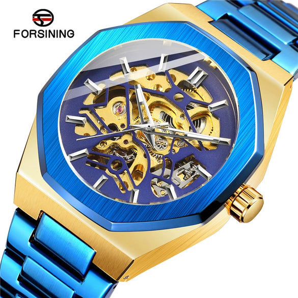 Men's Automatic Flywheel Mechanical Watch Metal Case Stainless Steel Strap And Buckle Round Dial Hollow Literal Polygon Design Leisure Style