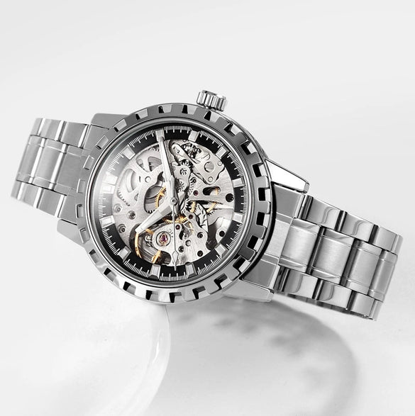 Men's Automatic Mechanical Alloy Watch With Hollow Luminous Waterproof Fashion Style And Round Dial