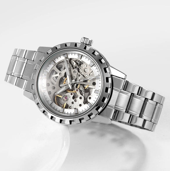 Men's Automatic Mechanical Alloy Watch With Hollow Luminous Waterproof Fashion Style And Round Dial