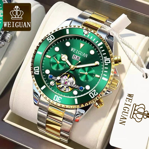 Men's Automatic Mechanical Tourbillon Multifunctional Calendar Luminous Waterproof Watch With Stainless Steel Strap And Clasp Alloy Case Round Dial
