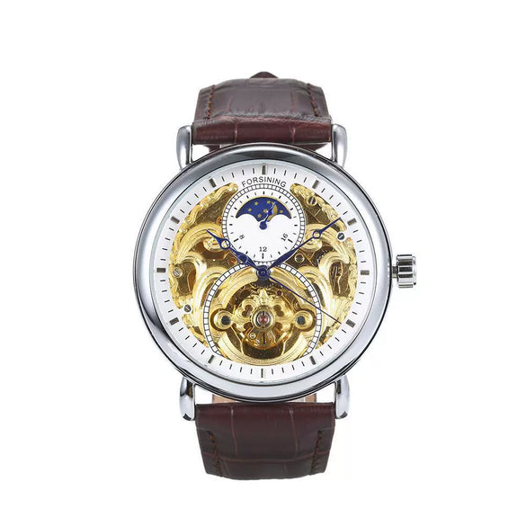 Men's Automatic Mechanical Watch Alloy Case Genuine Leather Strap Stainless Steel Clasp Round Dial Cut Out Transparent Bottom Leisure Style