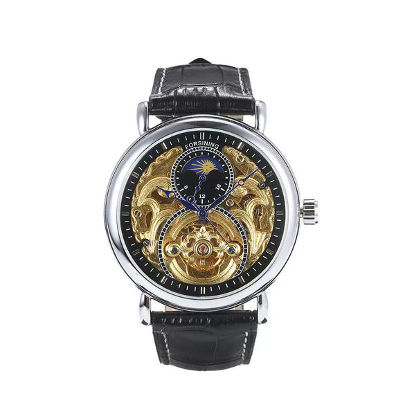 Men's Automatic Mechanical Watch Alloy Case Genuine Leather Strap Stainless Steel Clasp Round Dial Cut Out Transparent Bottom Leisure Style