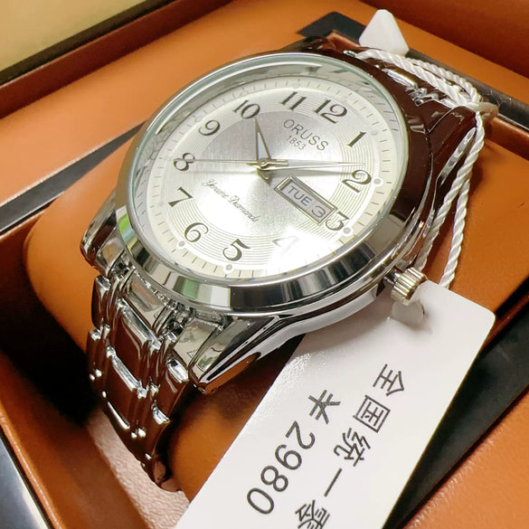 Men's Automatic Movement Alloy Case Fine Steel Strap Round Dial Mineral Reinforced Glass Mirror Leisure Style Luminous Waterproof Double Calendar Digital Watch