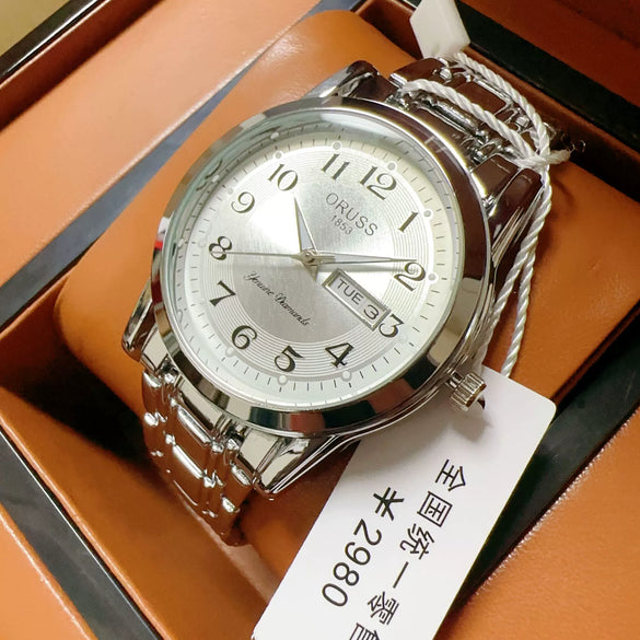 Men's Automatic Movement Alloy Case Fine Steel Strap Round Dial Mineral Reinforced Glass Mirror Leisure Style Luminous Waterproof Double Calendar Digital Watch