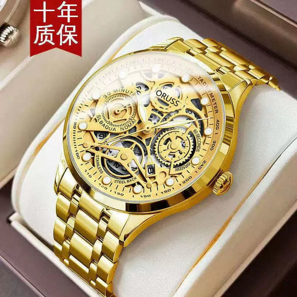 Men's Automatic Movement Hollow Calendar Luminous Alloy And Stainless Steel Round Wrist Watch With Spiral Crown And Single Folding Buckle