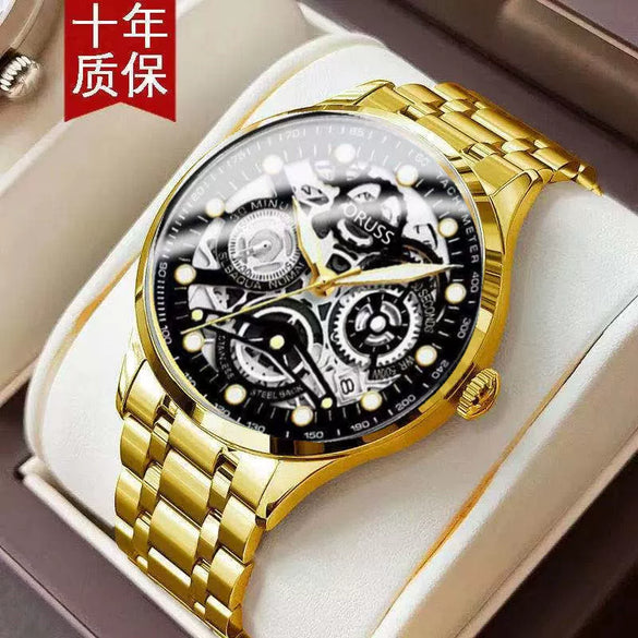 Men's Automatic Movement Hollow Calendar Luminous Alloy And Stainless Steel Round Wrist Watch With Spiral Crown And Single Folding Buckle