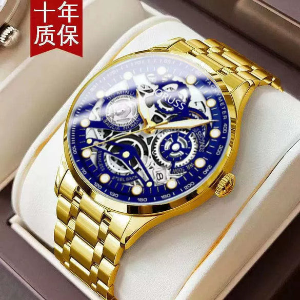 Men's Automatic Movement Hollow Calendar Luminous Alloy And Stainless Steel Round Wrist Watch With Spiral Crown And Single Folding Buckle