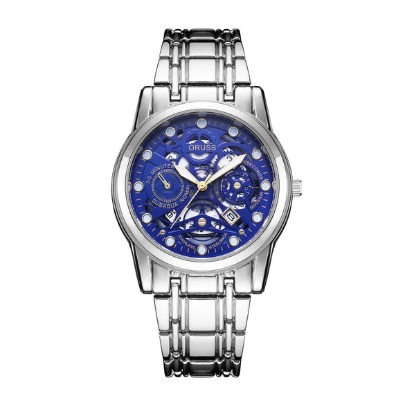 Men's Automatic Movement Hollow Calendar Luminous Alloy And Stainless Steel Round Wrist Watch With Spiral Crown And Single Folding Buckle