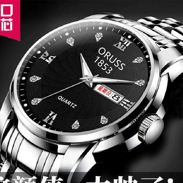 Men's Automatic Movement Waterproof Luminous Double Calendar Casual Business Style Watch With Alloy Strap And Stainless Steel Case