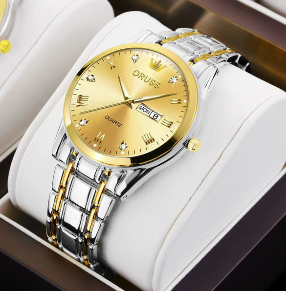 Men's Automatic Quartz Business Wrist Watch With Luminous Waterproof Calendar Round Dial Alloy Case Steel Strap Coated Glass Mirror