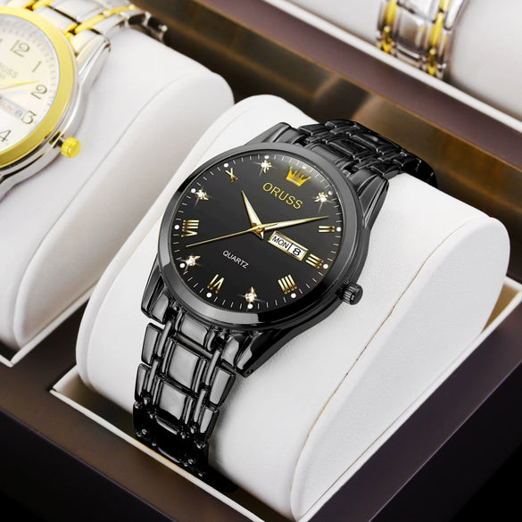 Men's Automatic Quartz Business Wrist Watch With Luminous Waterproof Calendar Round Dial Alloy Case Steel Strap Coated Glass Mirror