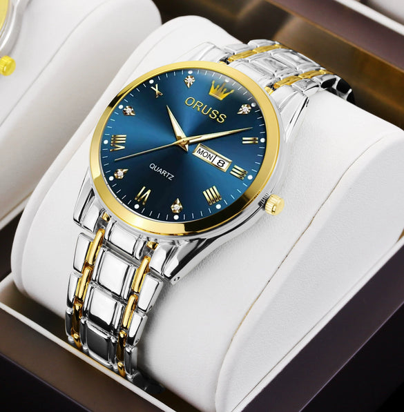 Men's Automatic Quartz Business Wrist Watch With Luminous Waterproof Calendar Round Dial Alloy Case Steel Strap Coated Glass Mirror