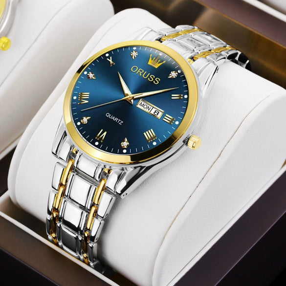 Men's Automatic Quartz Business Wrist Watch With Luminous Waterproof Calendar Round Dial Alloy Case Steel Strap Coated Glass Mirror