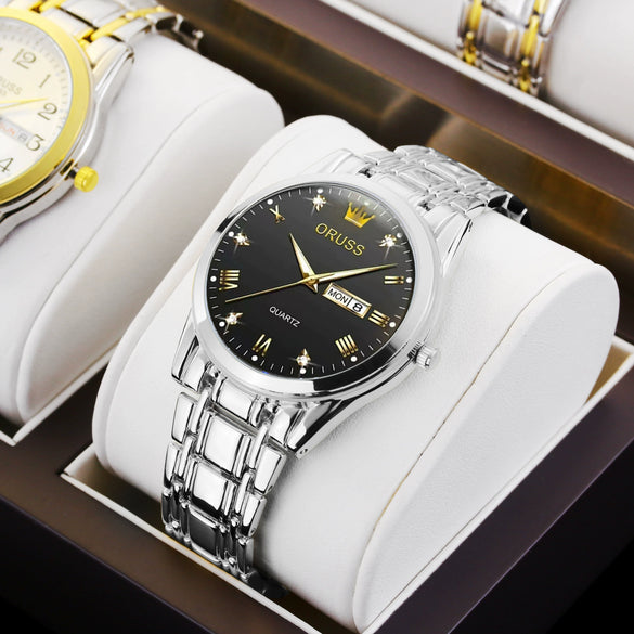 Men's Automatic Quartz Business Wrist Watch With Luminous Waterproof Calendar Round Dial Alloy Case Steel Strap Coated Glass Mirror