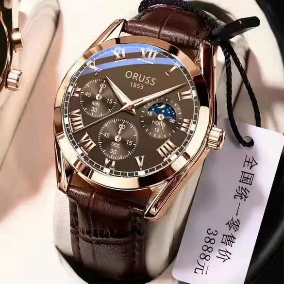Men's Automatic Quartz Watch Steel Case Pu Strap Round Dial Luminous Waterproof Rose Gold Sun Moon Star Concept