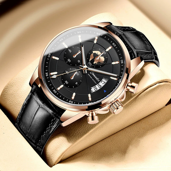 Men's Automatic Waterproof Luminous Calendar Alloy And Genuine Leather Watches With Round Dial And Onion Crown In Leisure Style