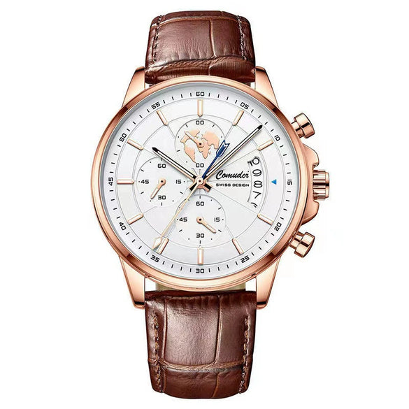 Men's Automatic Waterproof Luminous Calendar Alloy And Genuine Leather Watches With Round Dial And Onion Crown In Leisure Style