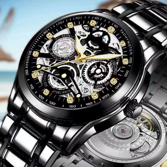 Men's Automatic Waterproof Luminous Hollow Fashion Fake Mechanical Watch With Alloy Case And Strap Stainless Steel Buckle Transparent Bottom And Mineral Reinforced Glass Mirror