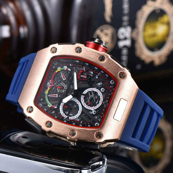 Men's Barrel Dial Quartz Watch With Carbon Fiber Pattern Pointer Display Rubber Strap Business Style Wholesale