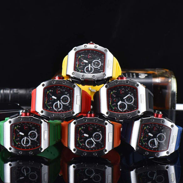Men's Barrel Dial Quartz Watch With Carbon Fiber Pattern Pointer Display Rubber Strap Business Style Wholesale