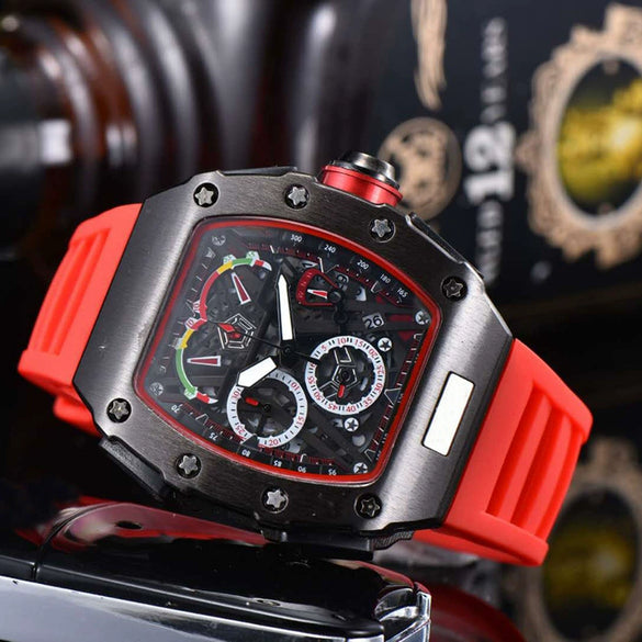 Men's Barrel Dial Quartz Watch With Carbon Fiber Pattern Pointer Display Rubber Strap Business Style Wholesale