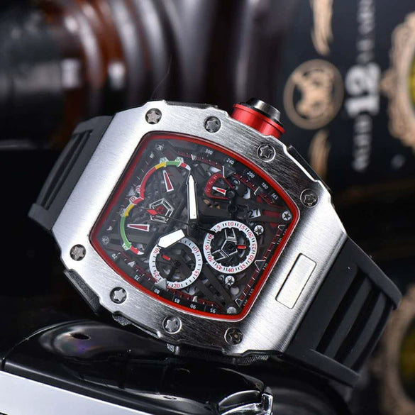 Men's Barrel Dial Quartz Watch With Carbon Fiber Pattern Pointer Display Rubber Strap Business Style Wholesale