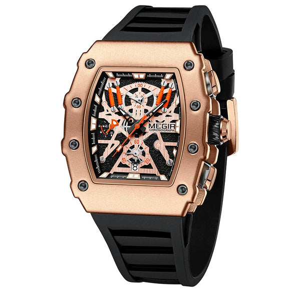 Men's Barrel Shaped Silicone And Stainless Steel Watch With Chronograph Function