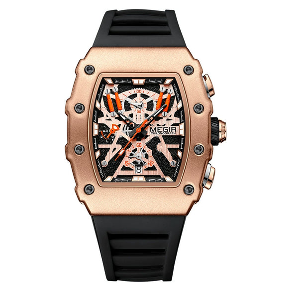Men's Barrel Shaped Silicone And Stainless Steel Watch With Chronograph Function