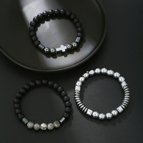 Men's Beaded Bracelet Set Stone Geometric Handmade