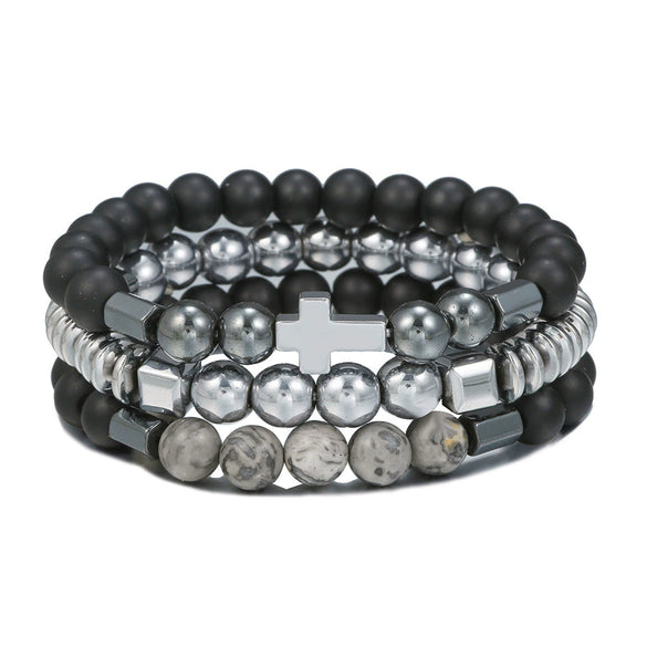 Men's Beaded Bracelet Set Stone Geometric Handmade