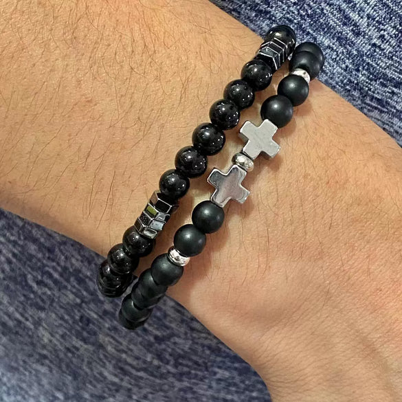 Men's Beaded Bracelet Set Stone Geometric Handmade