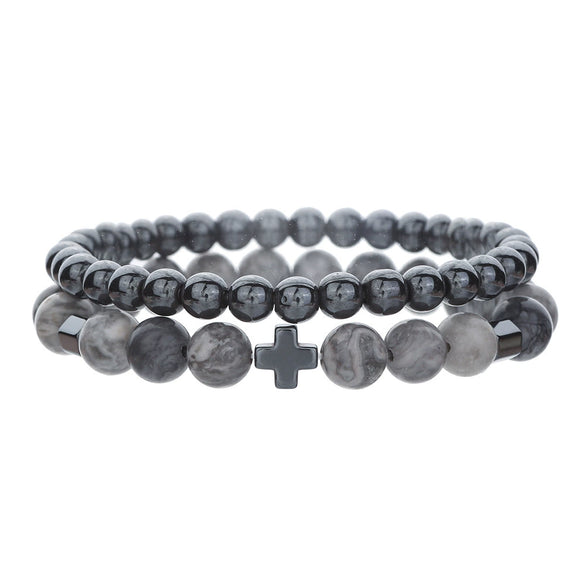 Men's Beaded Bracelet Set Stone Geometric Handmade