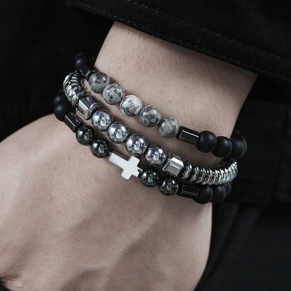 Men's Beaded Bracelet Set Stone Geometric Handmade