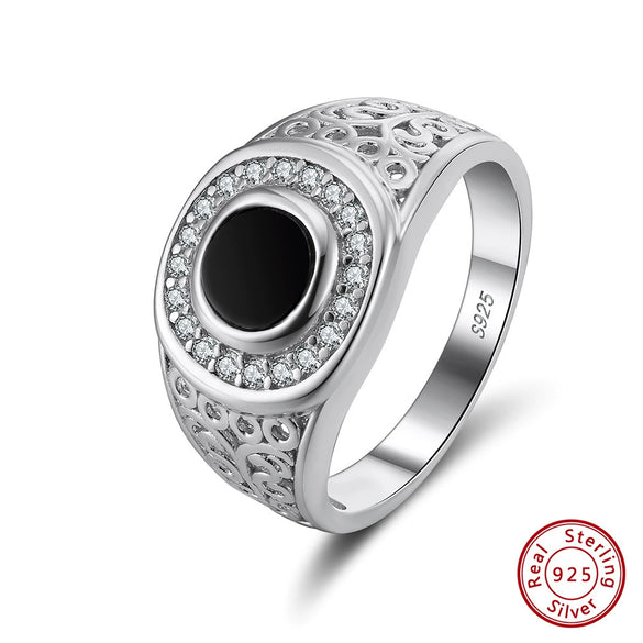 Men's Black Agate Ring S925 Sterling Silver Electroplated Niche Style