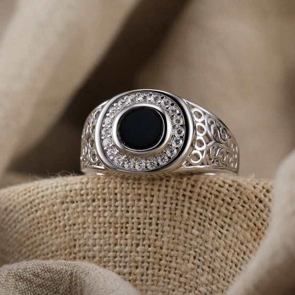 Men's Black Agate Ring S925 Sterling Silver Electroplated Niche Style