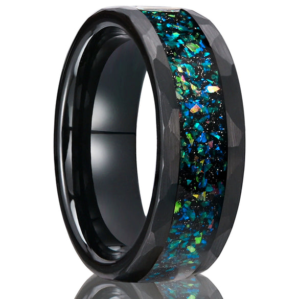 Men's Black Electroplated Tungsten Steel Ring With Blue Green Opal Inlay Minimalist Geometric Unisex Jewelry
