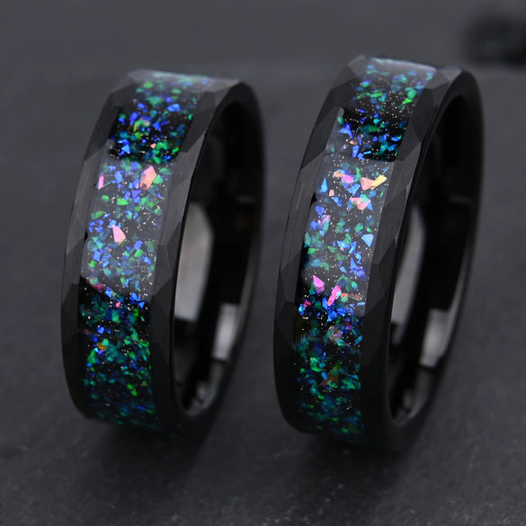 Men's Black Electroplated Tungsten Steel Ring With Blue Green Opal Inlay Minimalist Geometric Unisex Jewelry